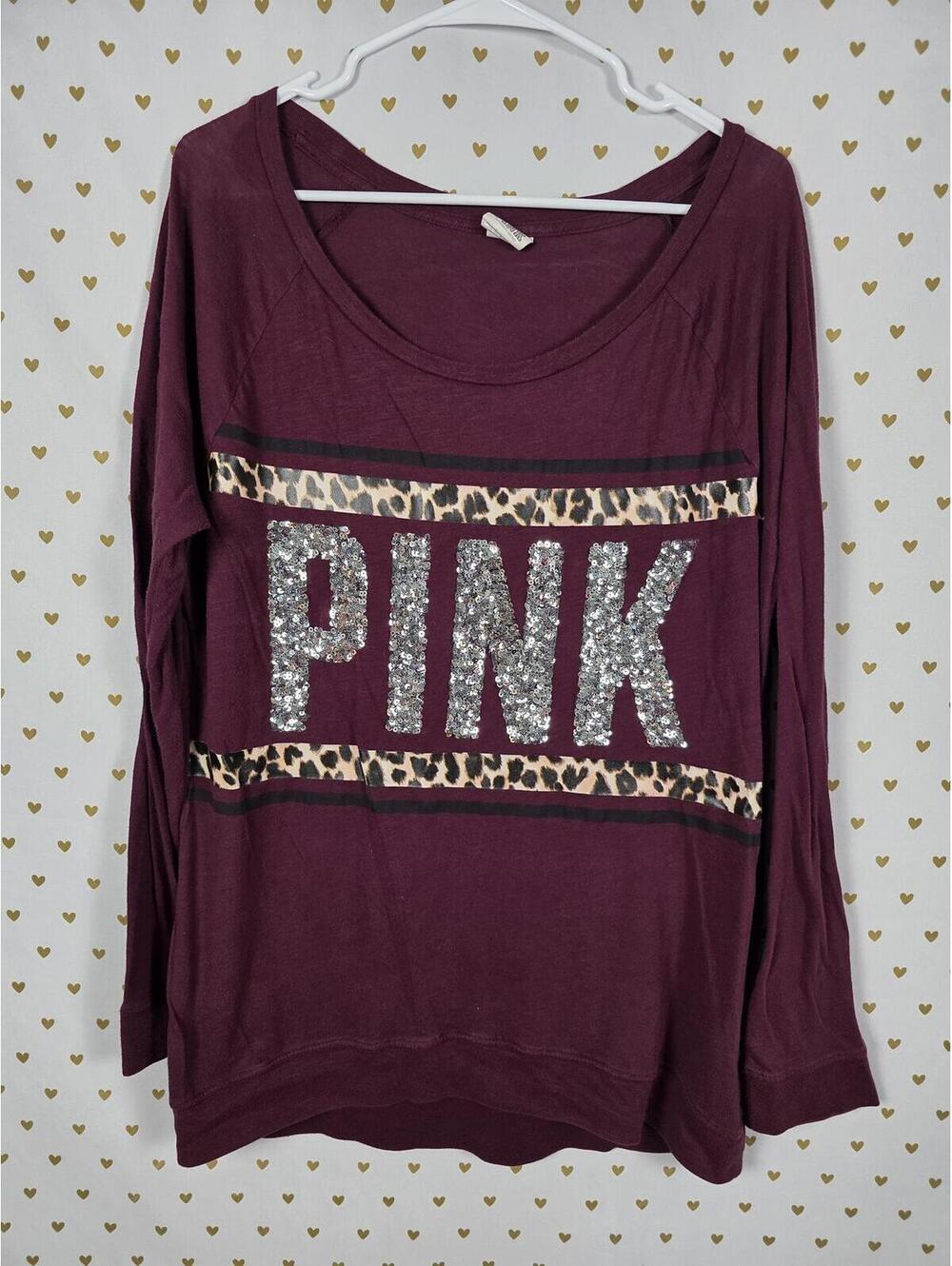 Victorias Secret PINK Leopard Cheetah Bling Sequined Maroon Tee shirt LARGE